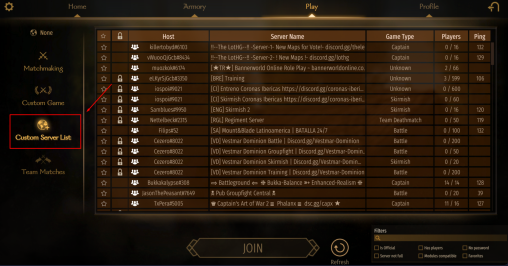 Mount & Blade 2: Bannerlord in-game server list